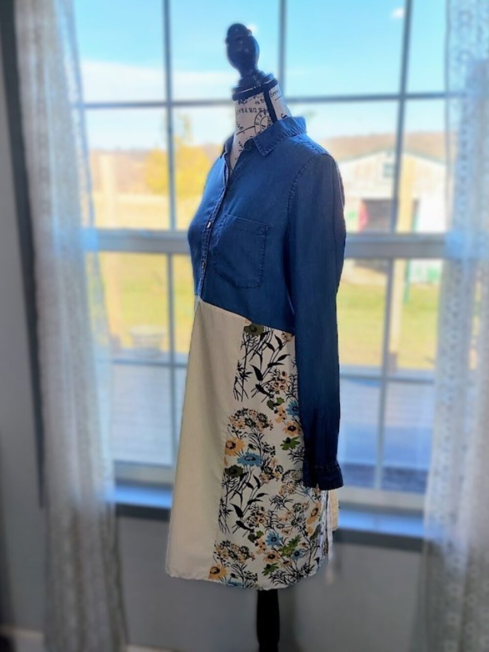 Upcycled Floral Denim Shirt Dress M - Picture 7 of 10